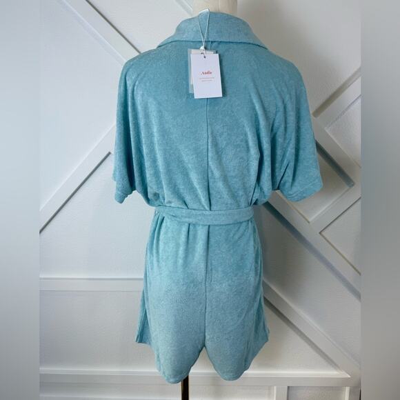 NWT Andie Swim Terry Button-Up Short Romper Cablu Blue Swim Cover Size Small - Picture 5 of 9